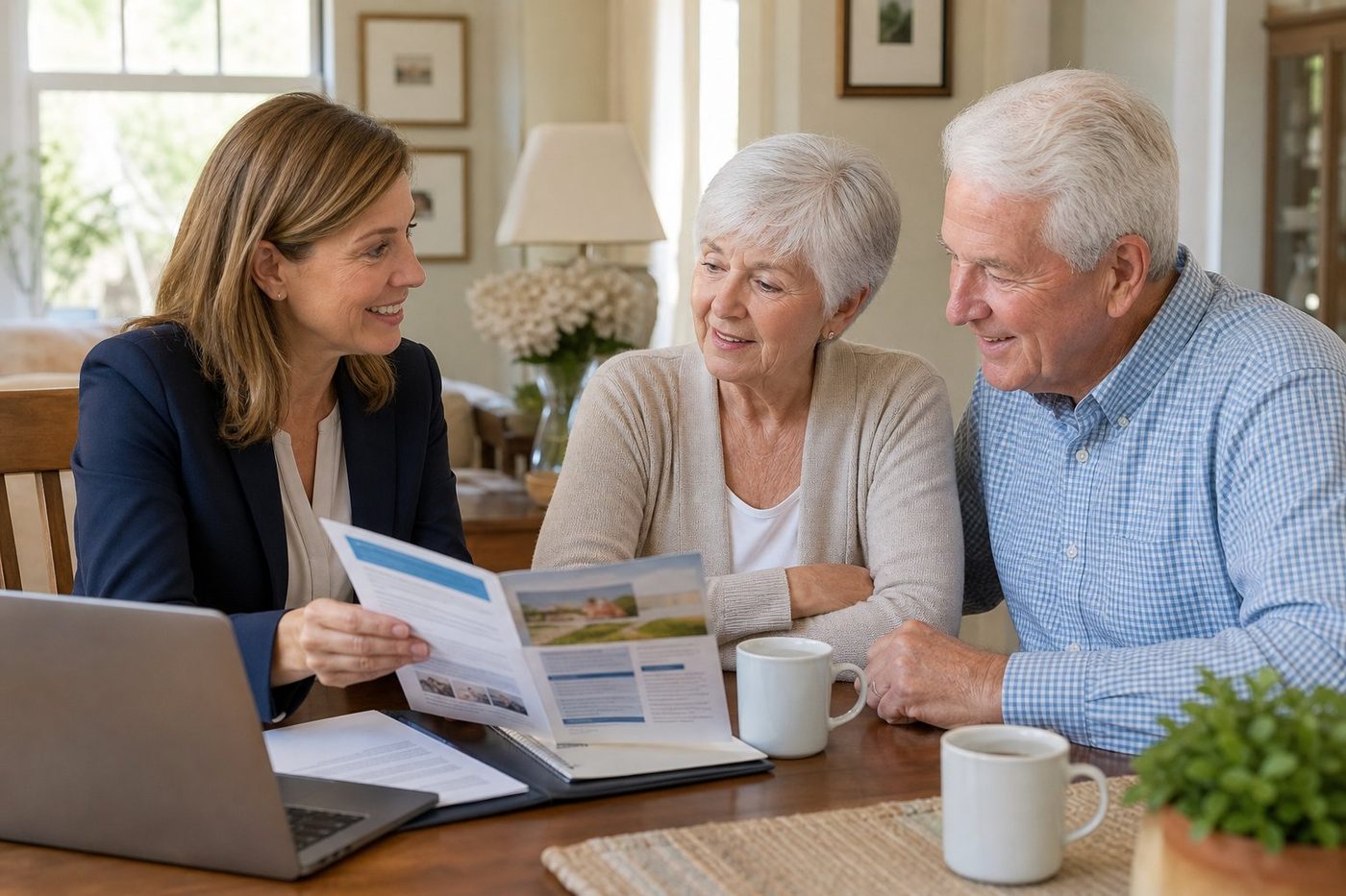 Friendly licensed agent reviewing Medicare plan information with a senior couple