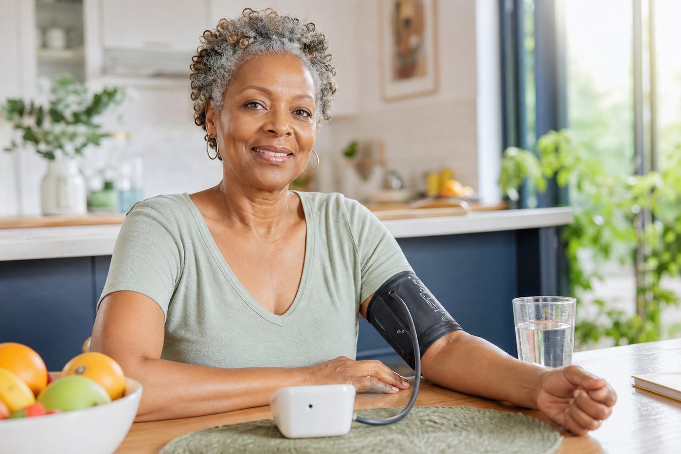 Smiling woman checking her blood pressure at home