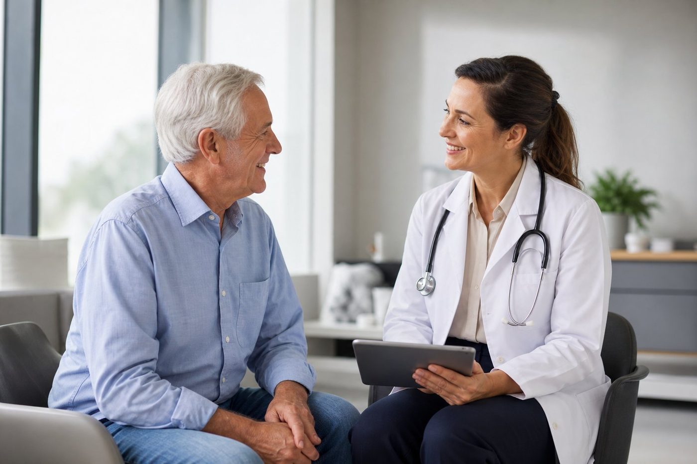 Senior patient talking with a doctor in a bright clinic