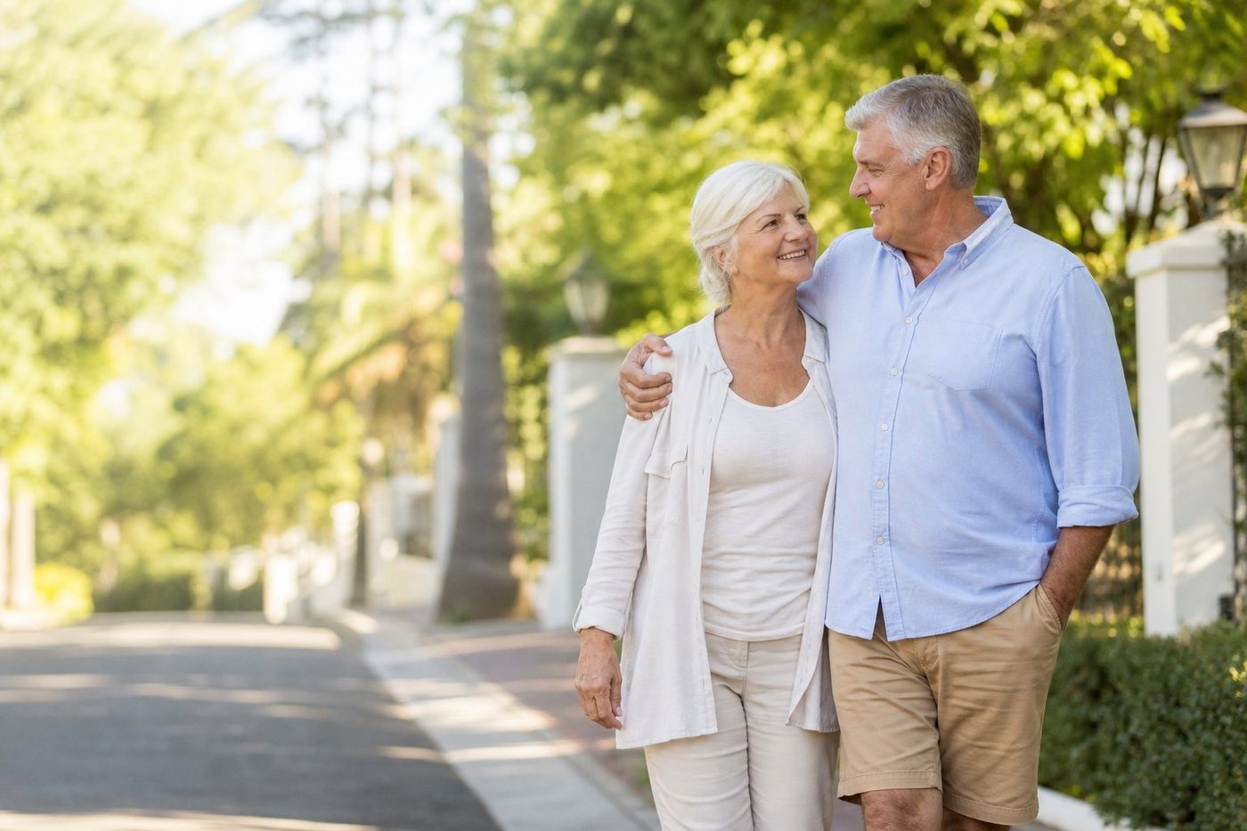 Smiling senior couple walking together in a sunny neighborhood